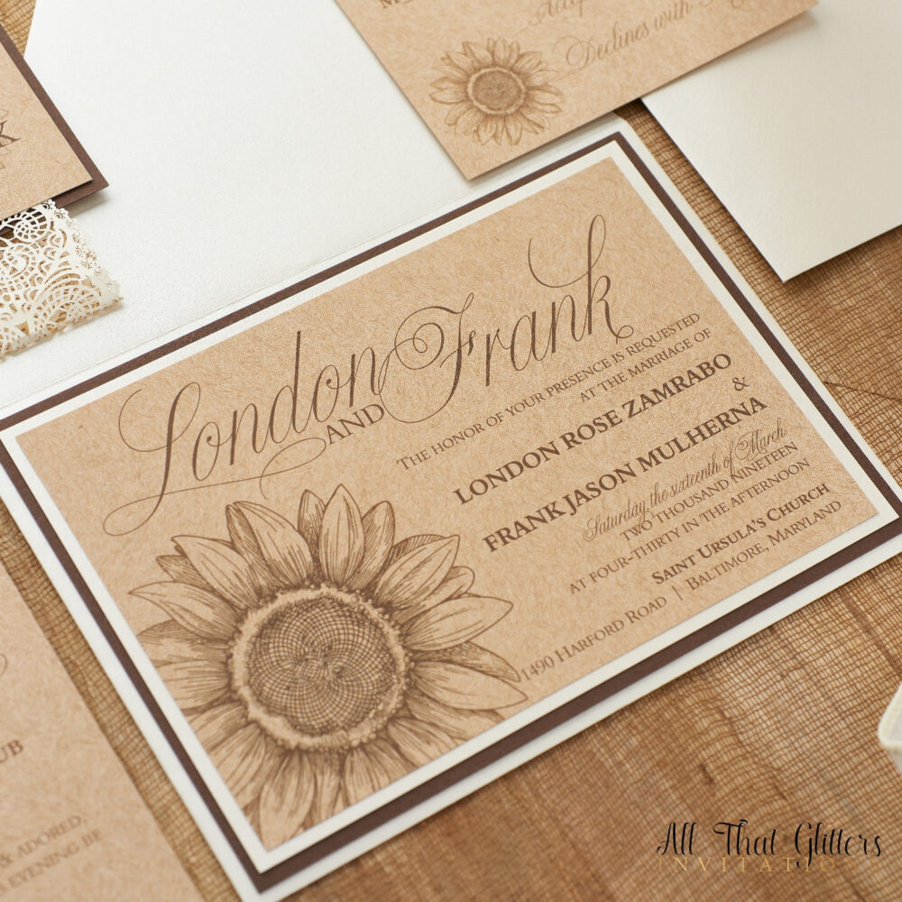 Rustic Country Wedding Invitations, Sunflower Invitations Lace For Barn Weddings