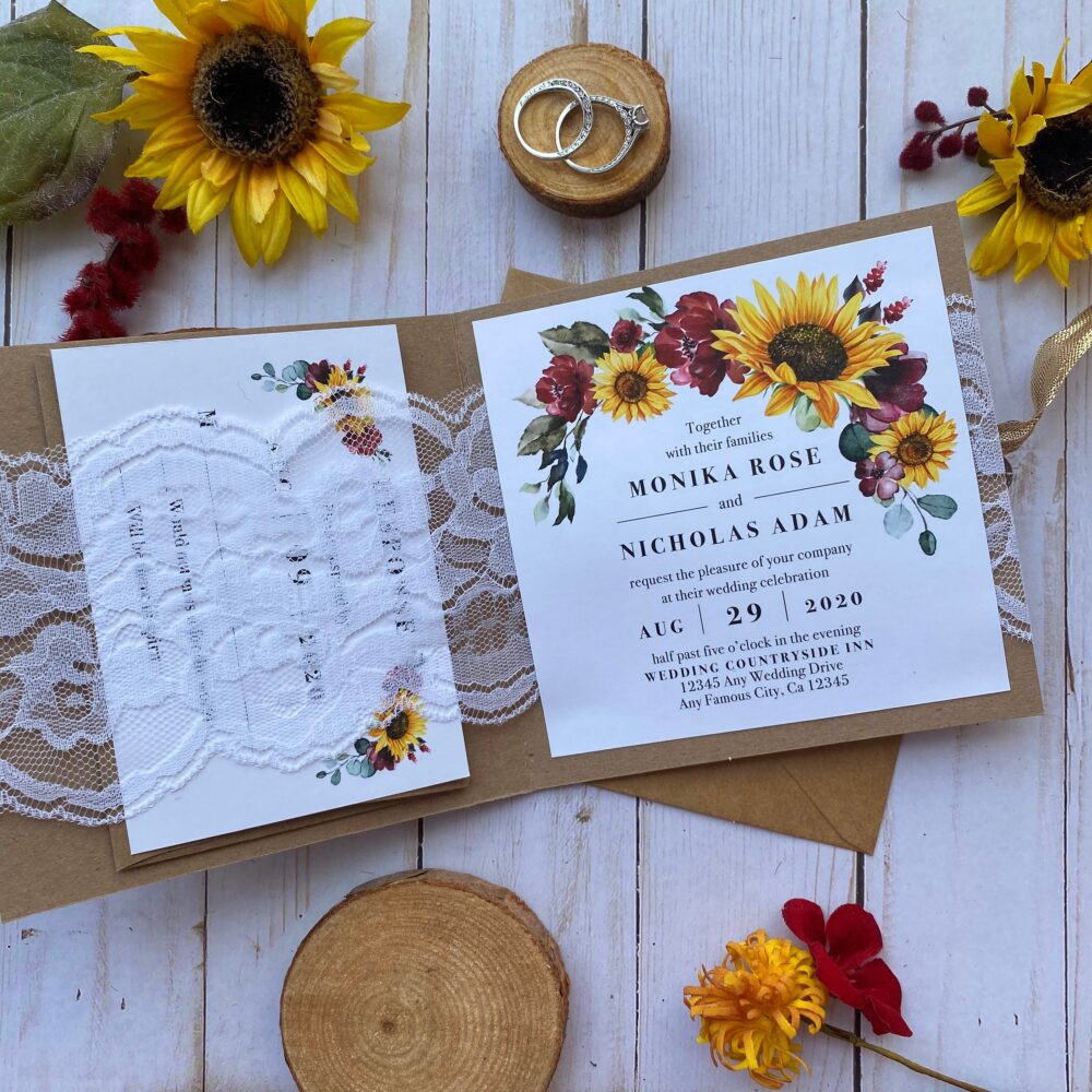 Rustic Sunflower & Lace Wedding Invitations
