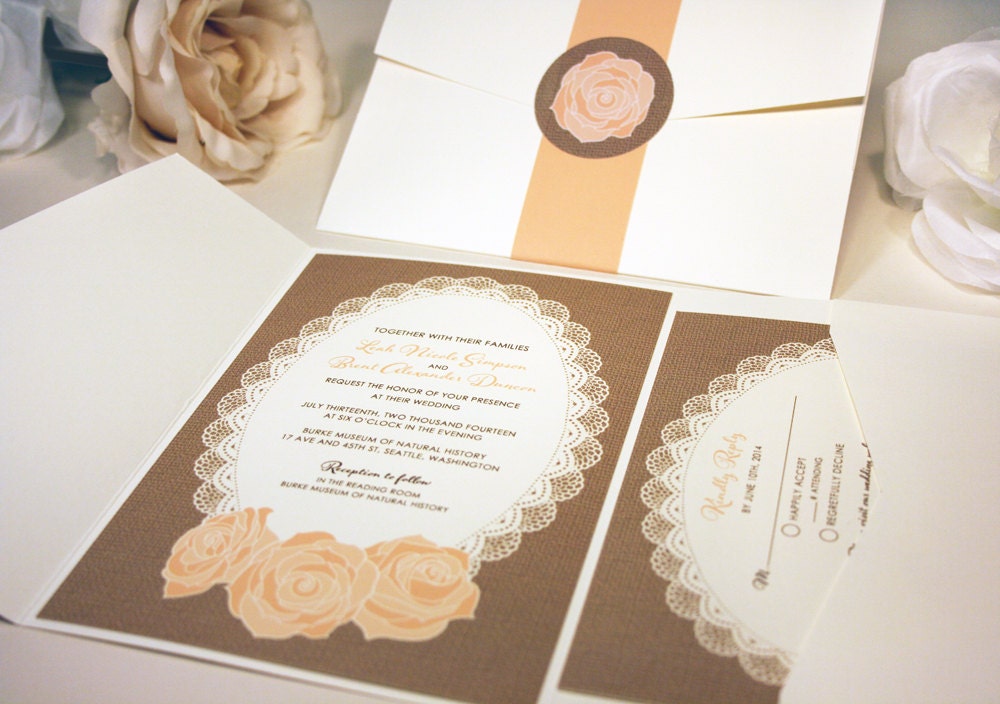 Wedding Invitation Lace & Burlap Rose Pocketfold, Rsvp, Rustic, Vintage, Peach, Tan, Brown, Ivory, Cream, Floral