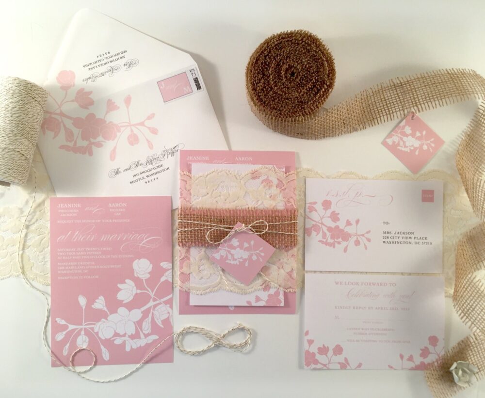Cherry Blossom Wedding Invitation, Spring Invitations Rustic Burlap & Lace, Flowering Tree Branch Light Pink