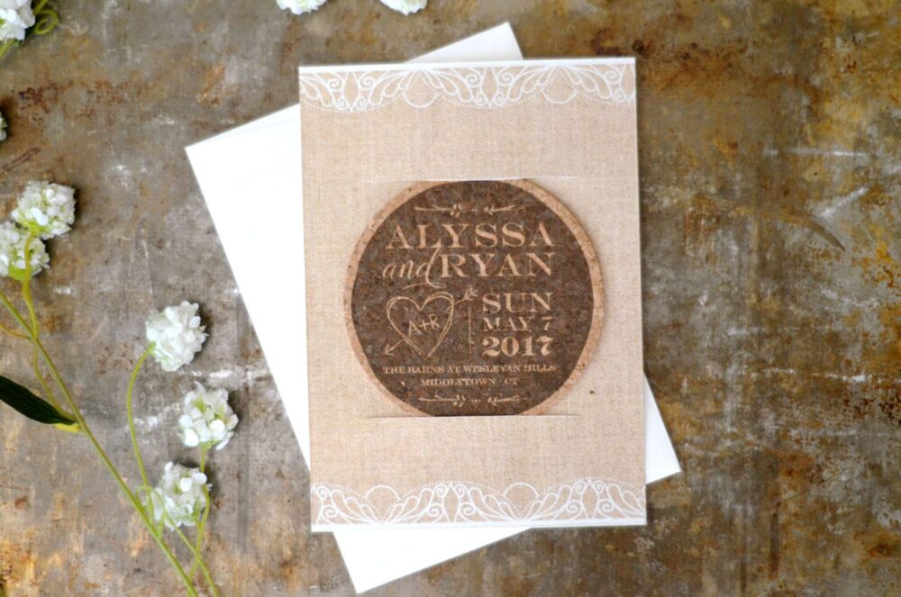 Rustic Linen & Lace Cork Coaster Save The Date // Unique