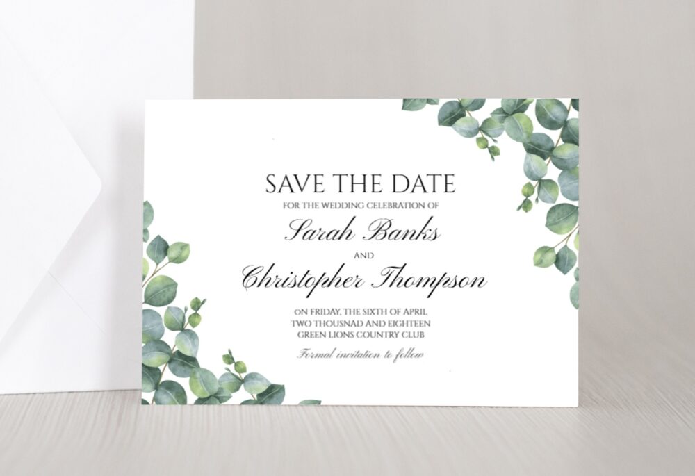 Printed Elegant Eucalyptus Save The Date Invitation Card, Elegant, Simple, Boho, Greenery Leaves, Rustic, Country, Barn, Garden