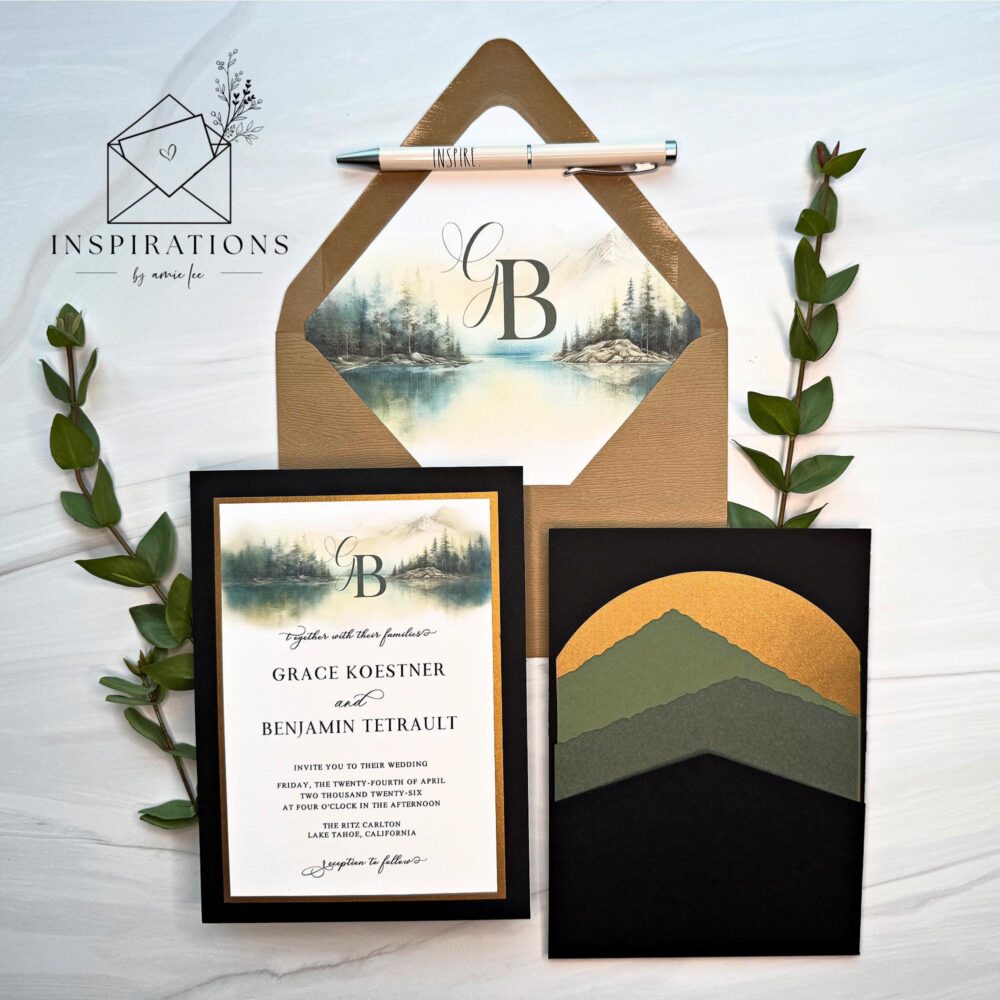 Rustic Mountain Wedding Invitations Elegant Layered Pocket Design