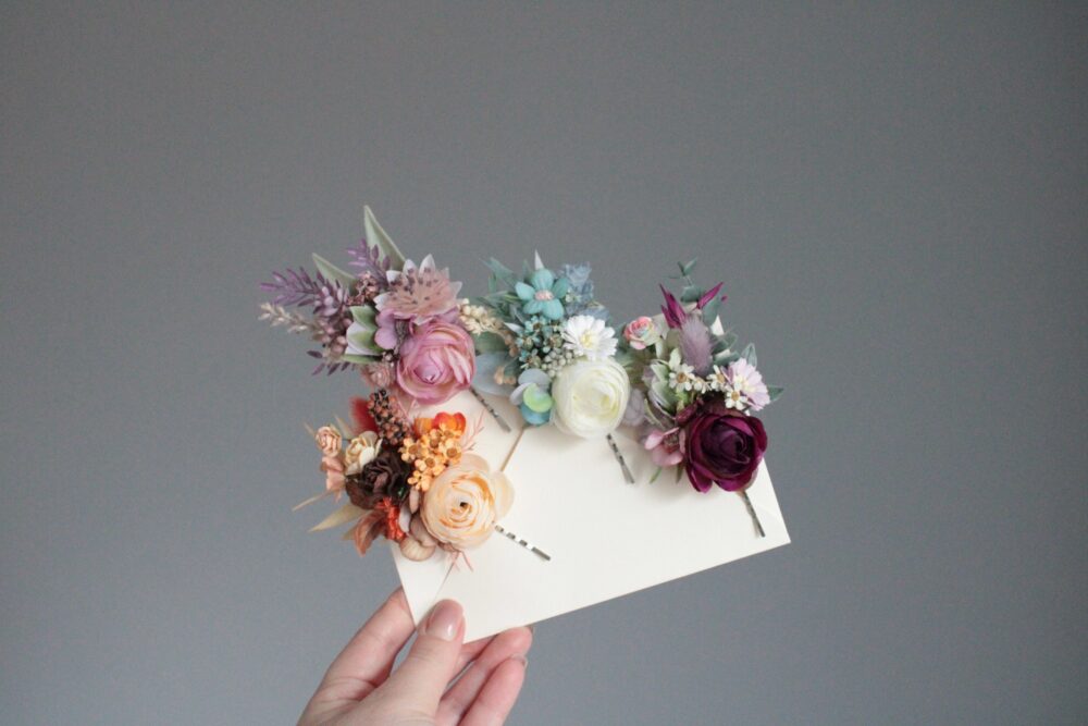 Floral Hair Pins Rustic Wedding Flower Clip, Peach & Blue