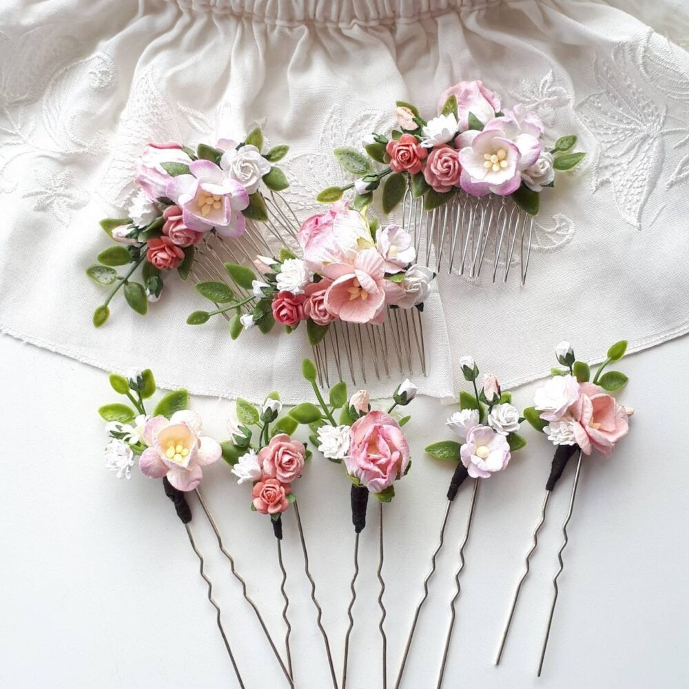 Pink Floral Hair Comb Wedding Flower Piece Bridal Pins