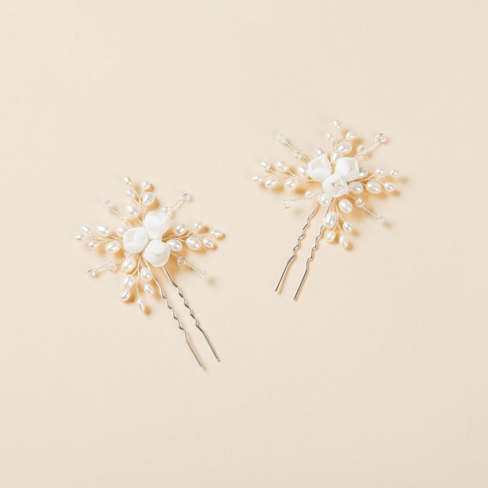 Wedding Floral Hair Pins With Natural Pearl, Flower Pins, Pearl Bridal Clay Piece, "Komal Pins"