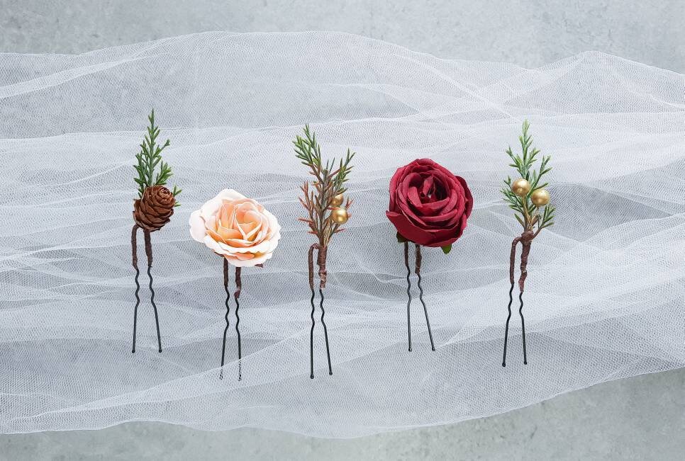 Winter Wedding Floral Hair Pins | Flower Pin, Greenery, Burgundy Mauve, Pinecone Piece, Bridal, Bridesmaid, Christmas
