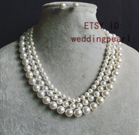 White Shell Pearl Necklace, 17-19 Inches Triple Strands Mother Of Pearl Necklace & Earrings Set, Wedding Bridesmaid Set