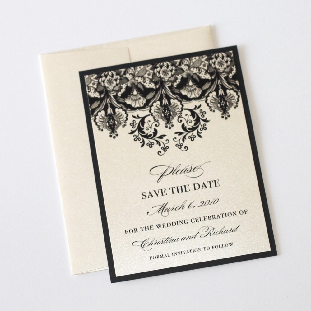 Floral Wedding Save The Date Card Damask Calendar Custom Card Ivory & Black Christina