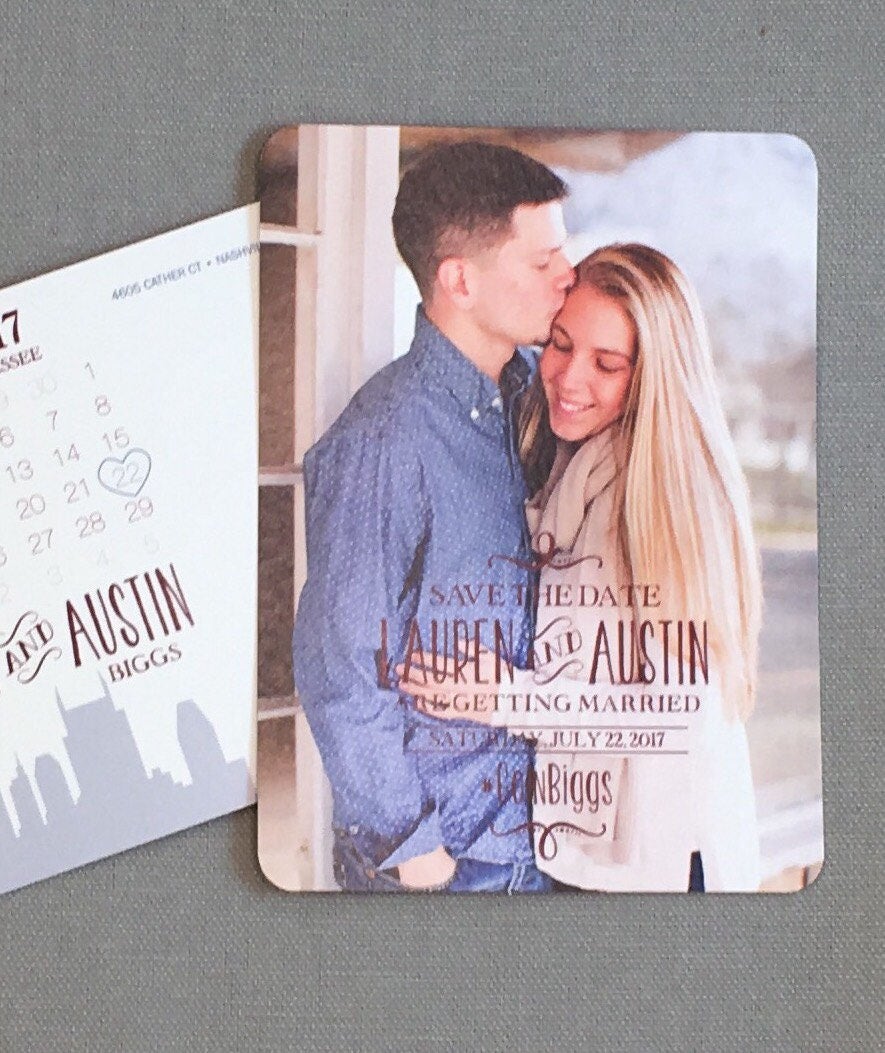 Rustic Photo Wedding Save The Date Postcard With Nashville Skyline & Calendar