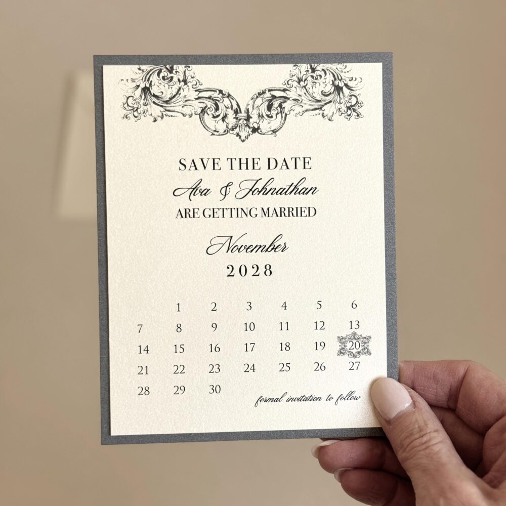 Vintage Wedding Save The Date Card Rococo Theme Custom Calendar Baroque Personalized Ivory Announcement