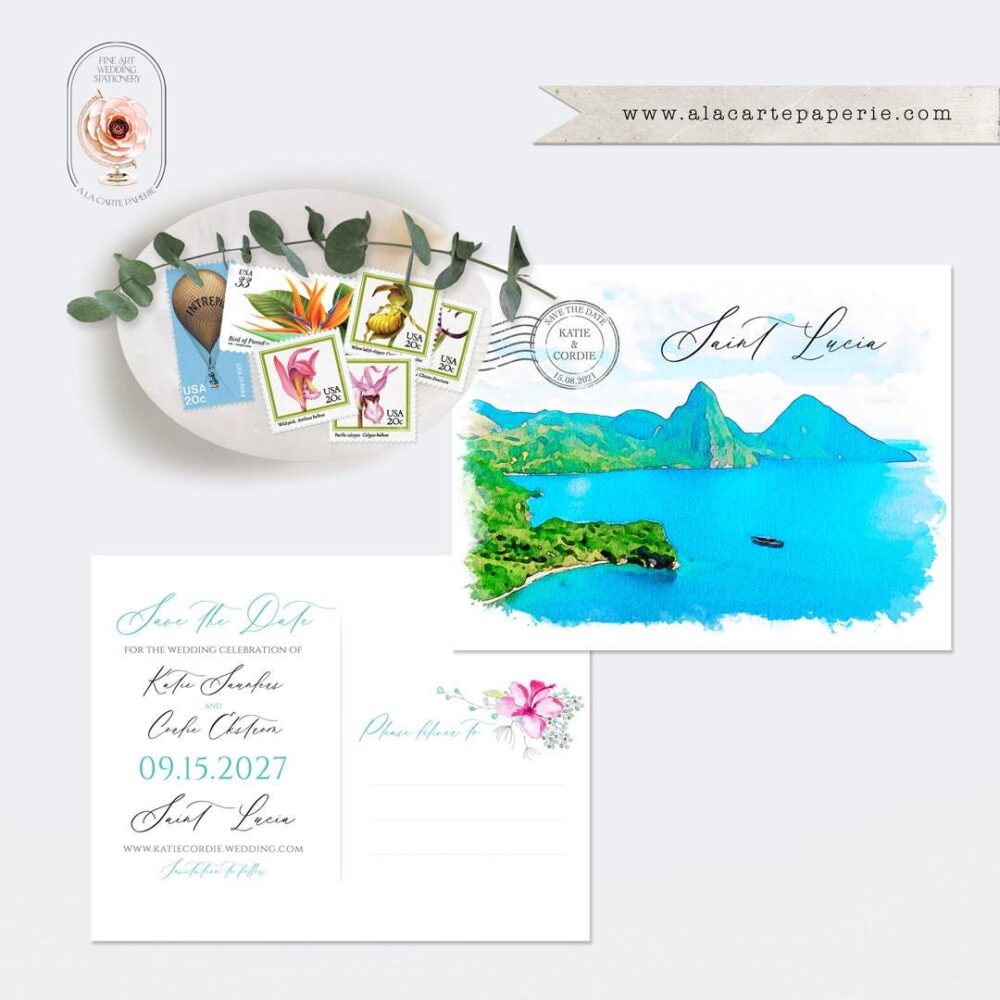 Saint Lucia Destination Wedding Save The Date Card Postcard Watercolor Illustrated Caribbean Island Invitation - Printed Or Digital