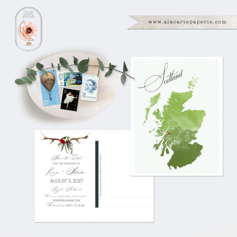 Scotland Uk Destination Wedding Save The Date Postcard With Watercolor Map - Printed Or Digital