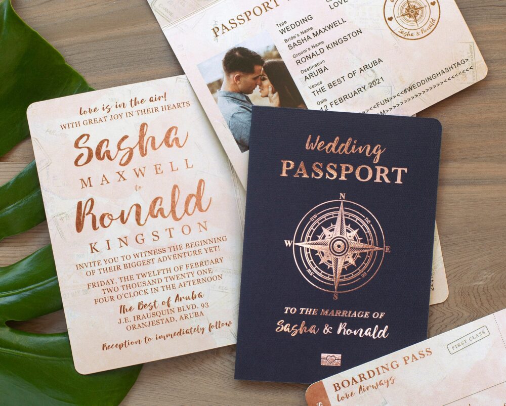 Destination Wedding Passport Invitation Set in Rose Gold & Blush Watercolor Compass Design By Luckyladypaper - See Item Details To Order
