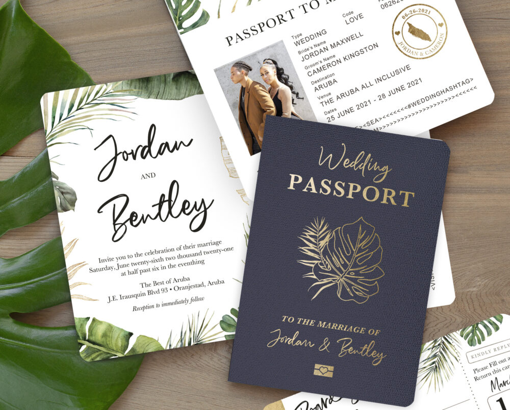 Destination Wedding Passport Invitation Set Tropical Beach Palm Leaf Leaves With Green Foliage By Luckyladypaper - See Details To Order