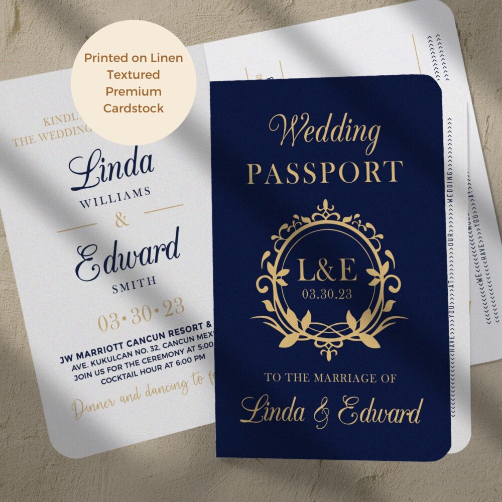 Destination Wedding Passport Invitation Linen Texture Cardstock