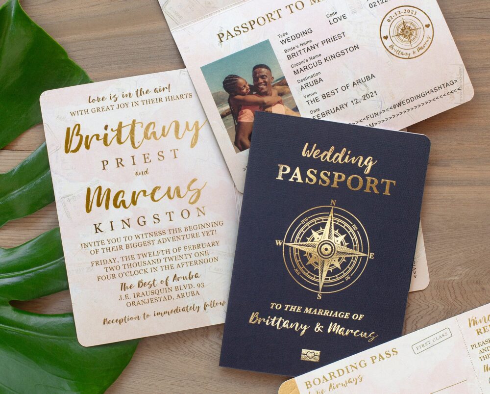 Destination Wedding Passport Invitation Set in Gold Foil & Blush Watercolor Compass Design By Luckyladypaper - See Item Details To Order