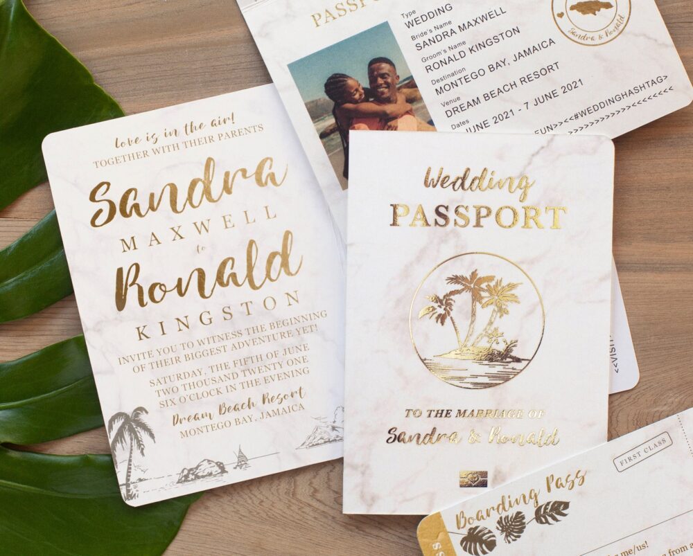Destination Wedding Passport Invitation Set in Gold & Marble Tropical Design By Luckyladypaper - See Item Details To Order