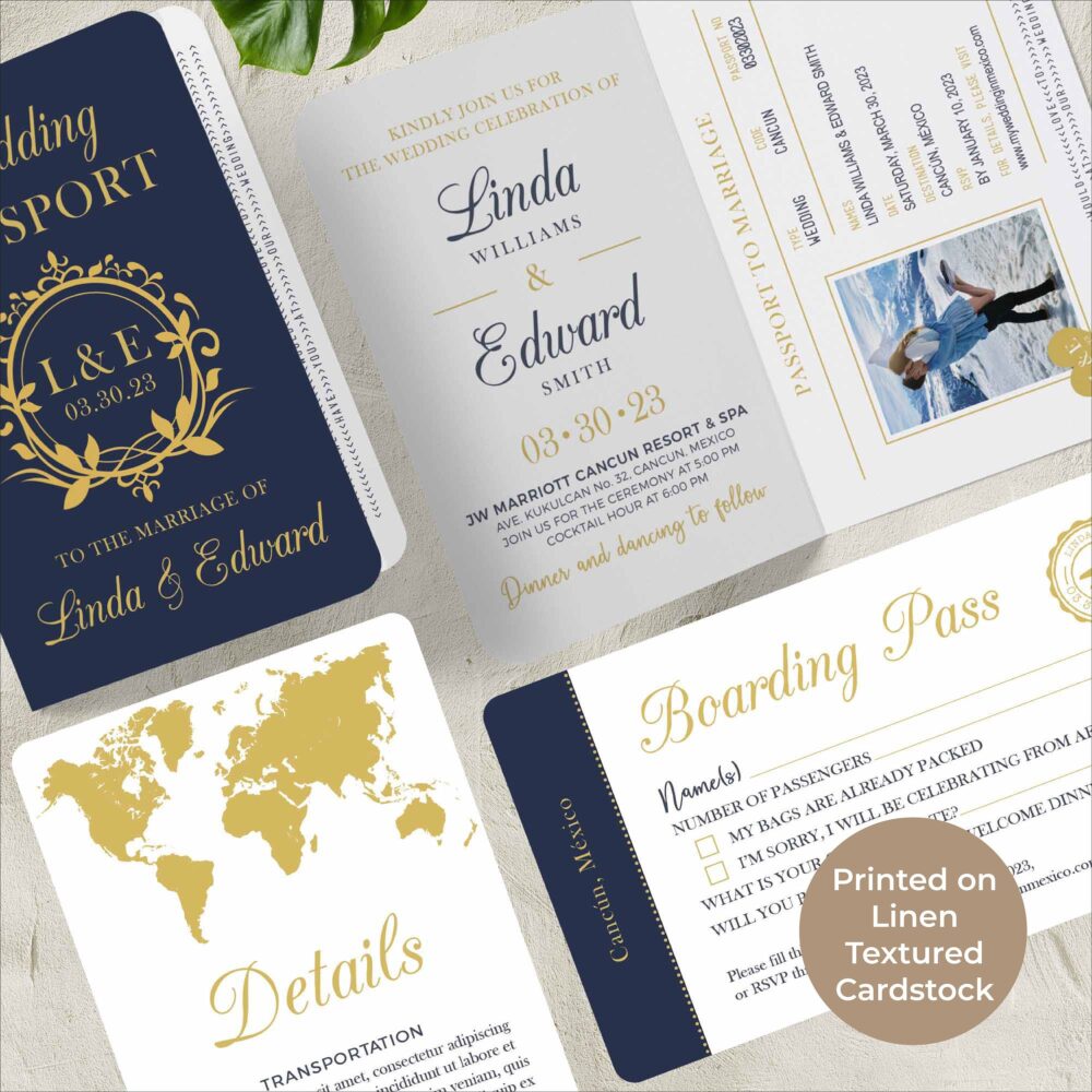 Destination Wedding Passport Invitation Set Linen Cardstock