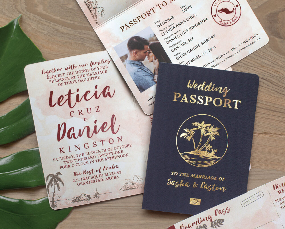 Destination Wedding Passport Invitation Set Burgundy & Blush Watercolor Gold Tropical Design Printed For You, Real Foil Available