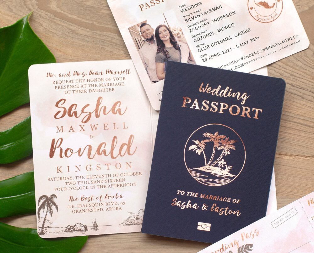 Destination Wedding Passport Invitation Set in Tropical Rose Gold Foil & Blush Watercolor By Luckyladypaper - See Item Details To Order