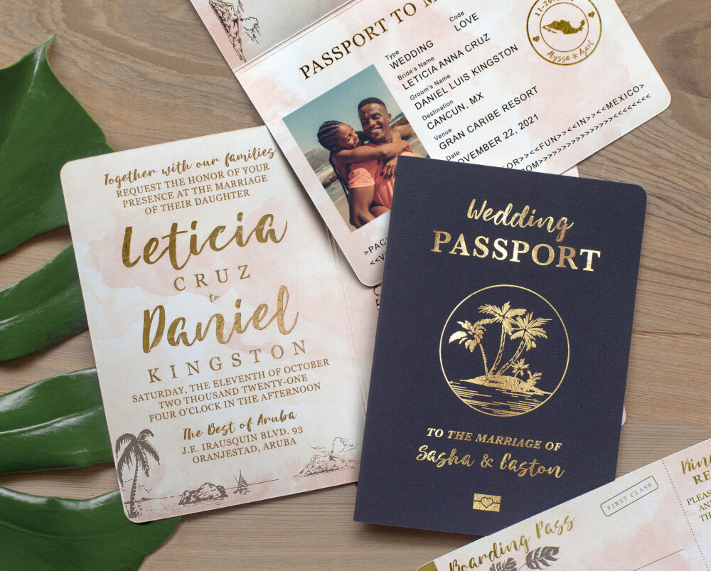 Destination Wedding Passport Invitation Set in Gold & Blush Watercolor Tropical Design Real Foil Available Boarding Pass Qr Code Rsvp