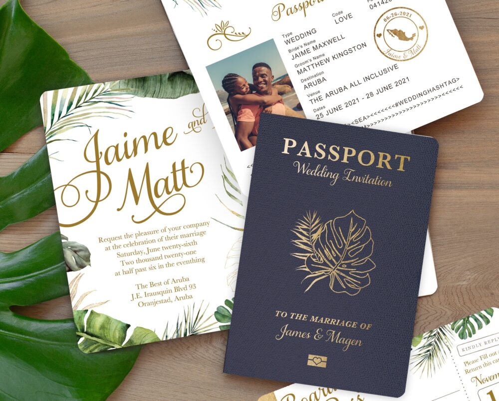 Destination Wedding Passport Invitation Set Tropical Beach Palm Leaf Leaves With Green Foliage By Luckyladypaper - See Details To Order