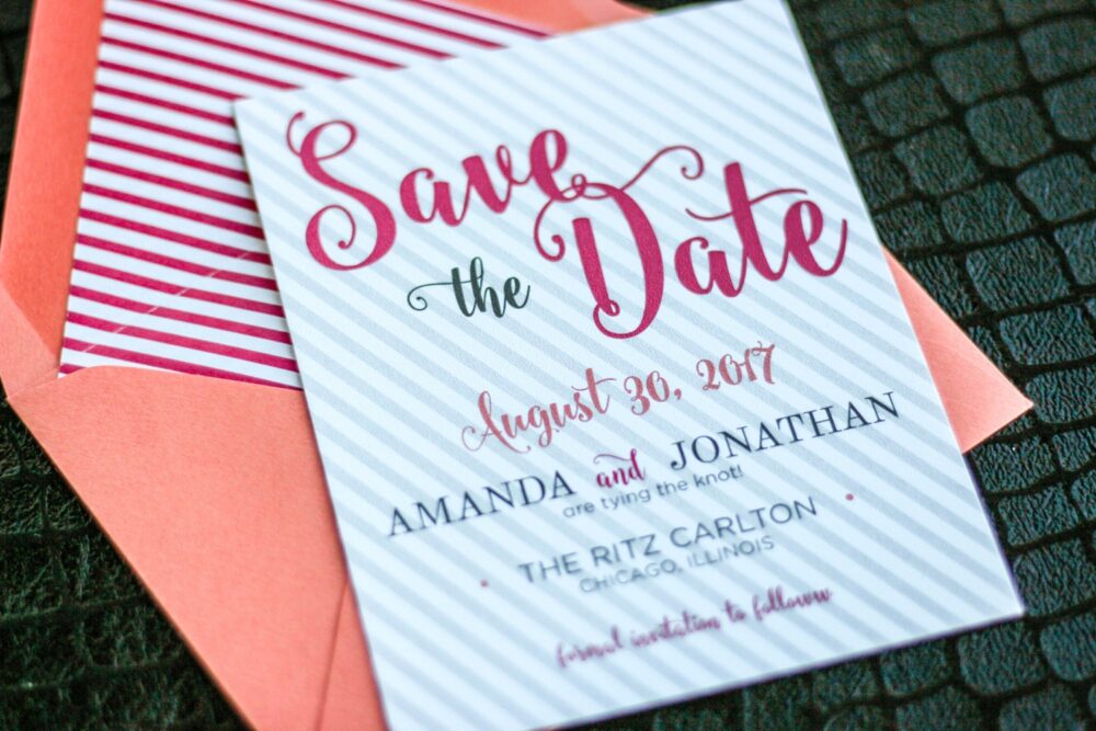 Coral Wedding Invitations, Calligraphy Invites, Summer Beach - "Calligraphy Chic" Save The Date Card With Envelope Deposit
