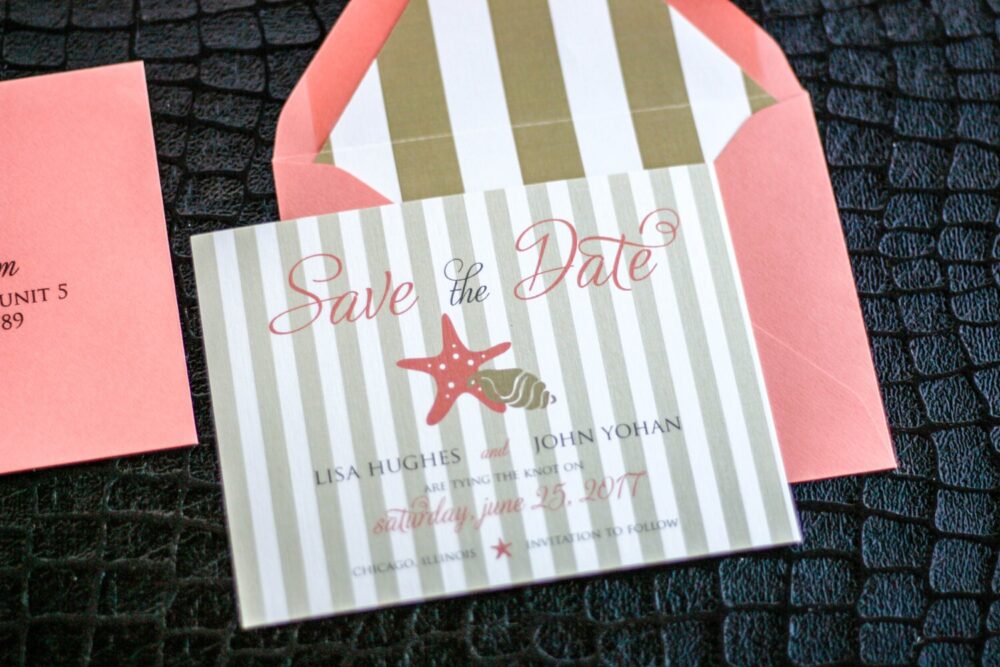 striped Save The Dates, Coral Date, Beach Wedding Invitations - "starfish & Shell" Date Card With Envelope Deposit