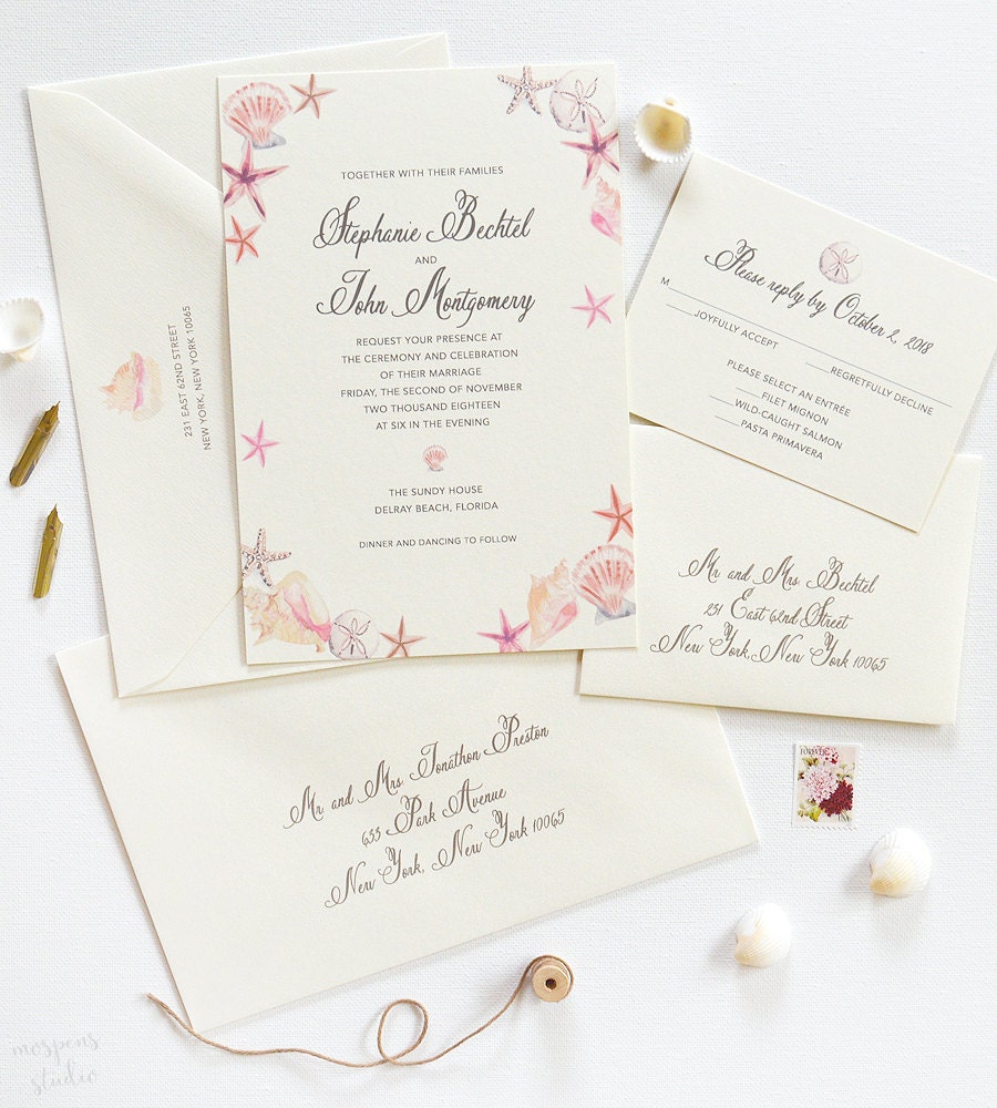 Beach Wedding Invitations - Seashell Invitation Seaside Watercolor Island Printed
