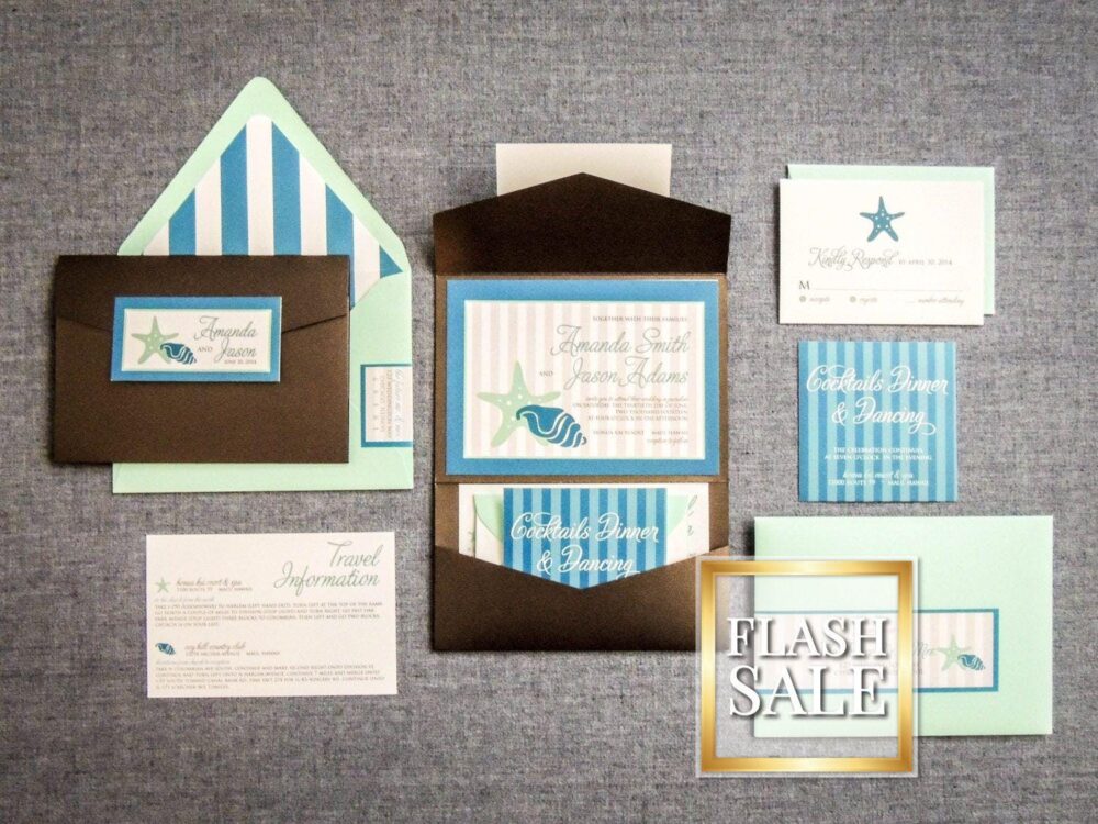 Seafoam Green Wedding, Beach Invitation Suite, Casual Blue Nautical Invitations, Pocket Invitations - "starfish & Shell" Pf-Nl-V3