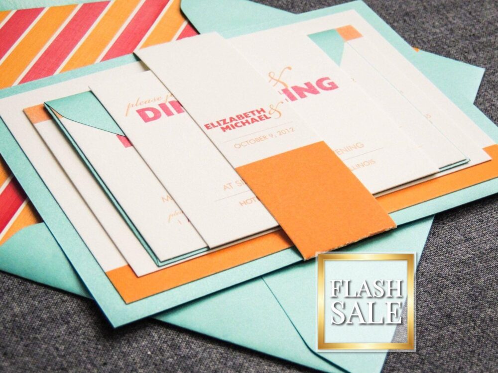 Vibrant Wedding Invitations, Modern Destination Invitation, Aqua & Orange Wedding, Beach Invites - "Bold Striped" Fp-1L-V3 Sample