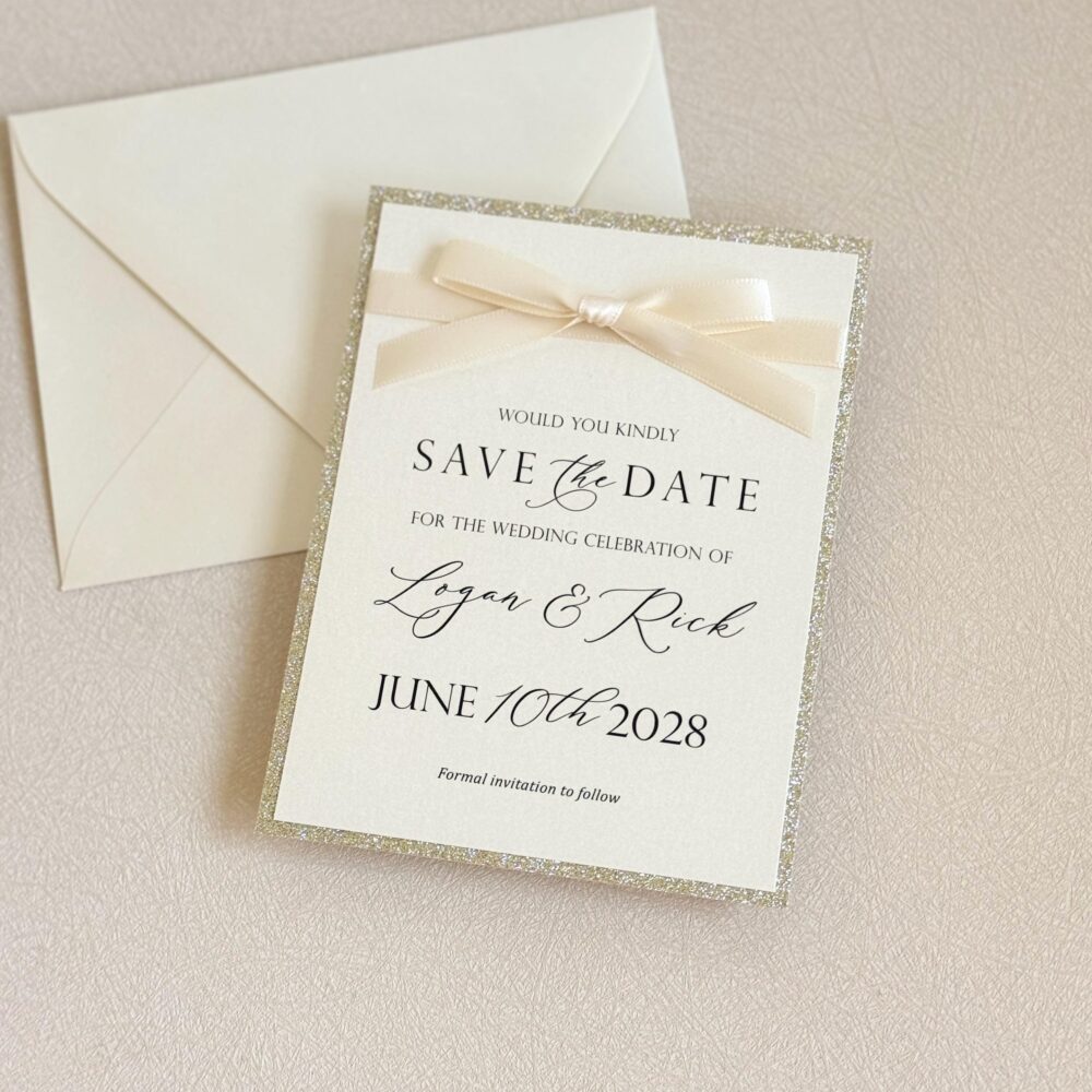Elegant Save The Date With Bow Ivory & Gold Wedding For Glam Theme Custom Printed Personalized