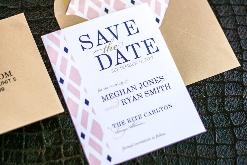 Geometric Wedding Invitations, Save The Date Cards, Blush Gold & Navy Blue - "Classic Elegance" Card With Envelope Deposit