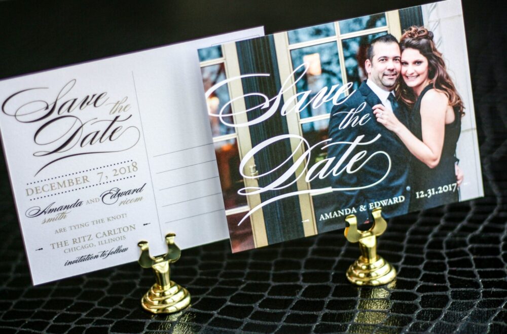 Black & Gold Wedding Announcement, Save The Date Cards, Elegant Invitations - "Classic Romance" Photo Postcard Deposit