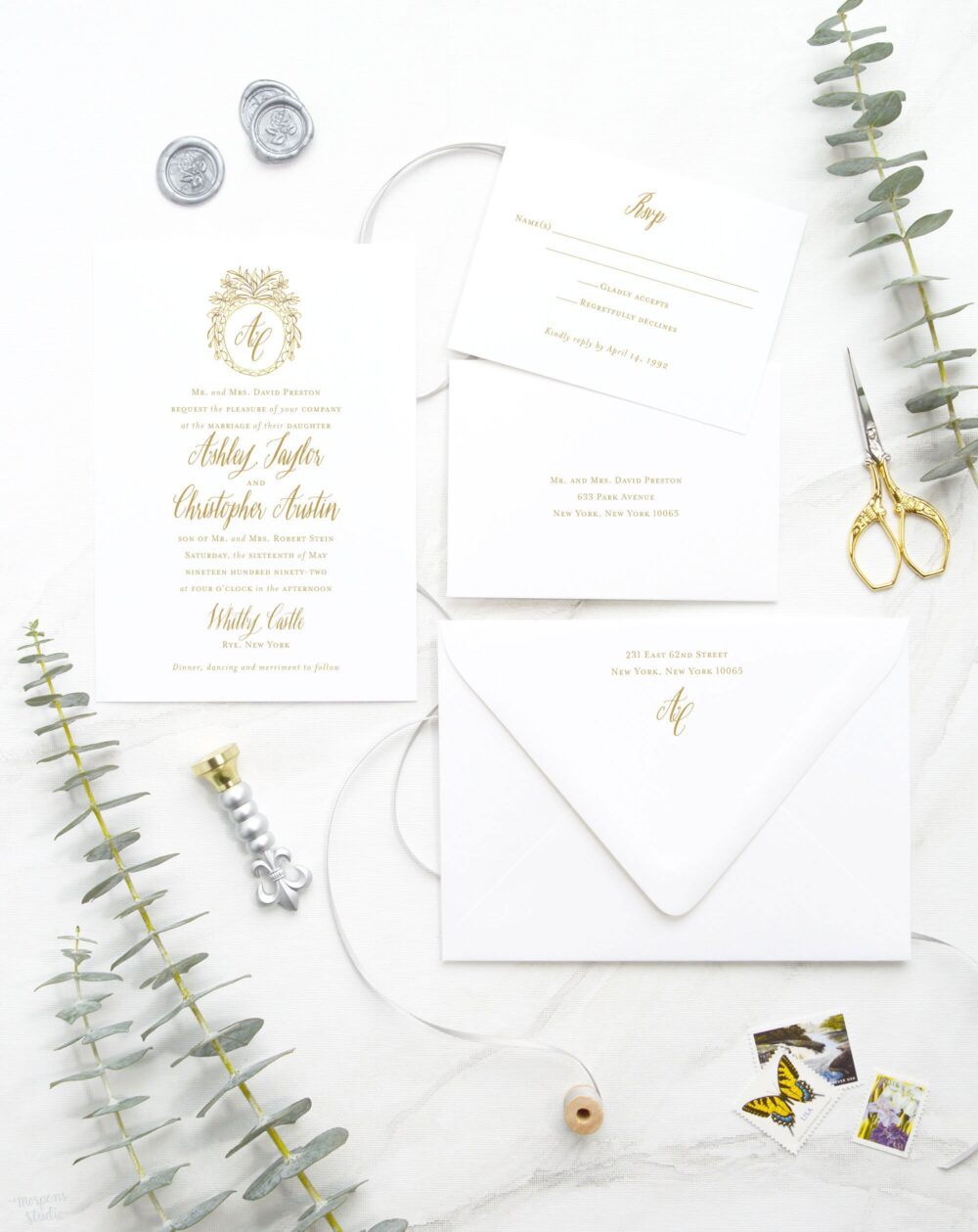 Monogram Wedding Invitation Set, Laurel Wreath Suite, Elegant Invitations