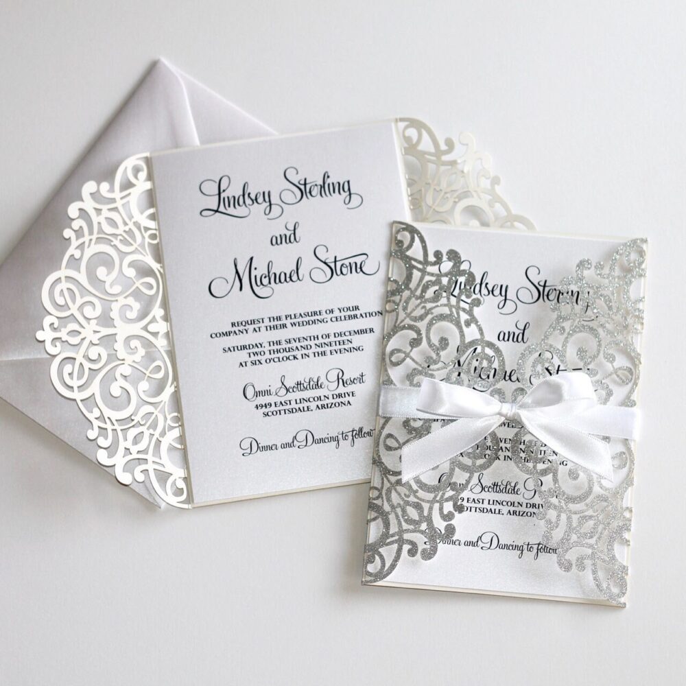 Silver Glitter Invitation Lace Wedding Elegant Invite Laser Cut White Inspiration Decor
