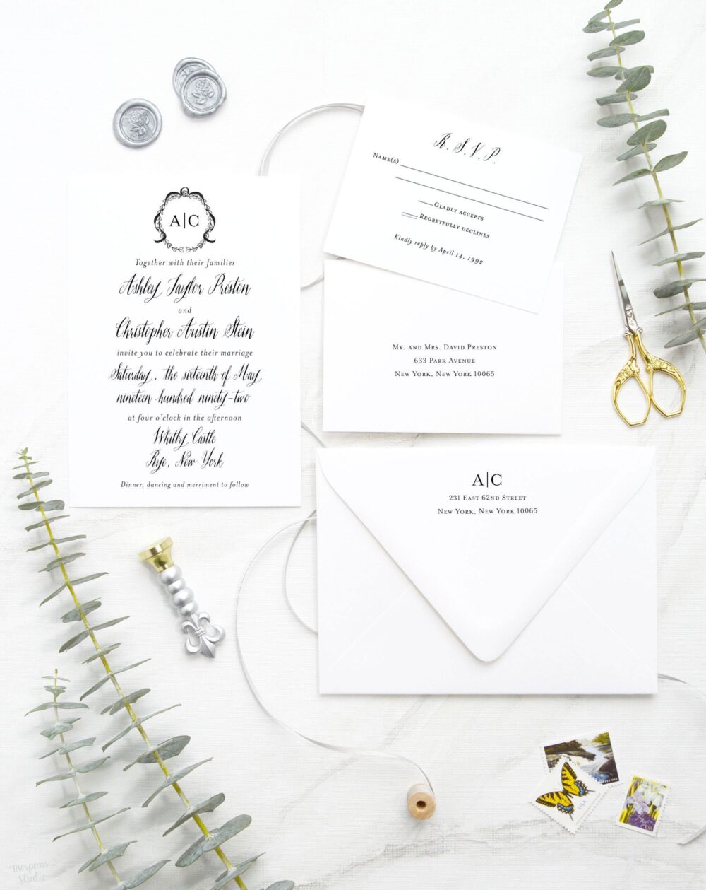 Monogram Wedding Invitation Set, Laurel Wreath Suite, Elegant Invitations