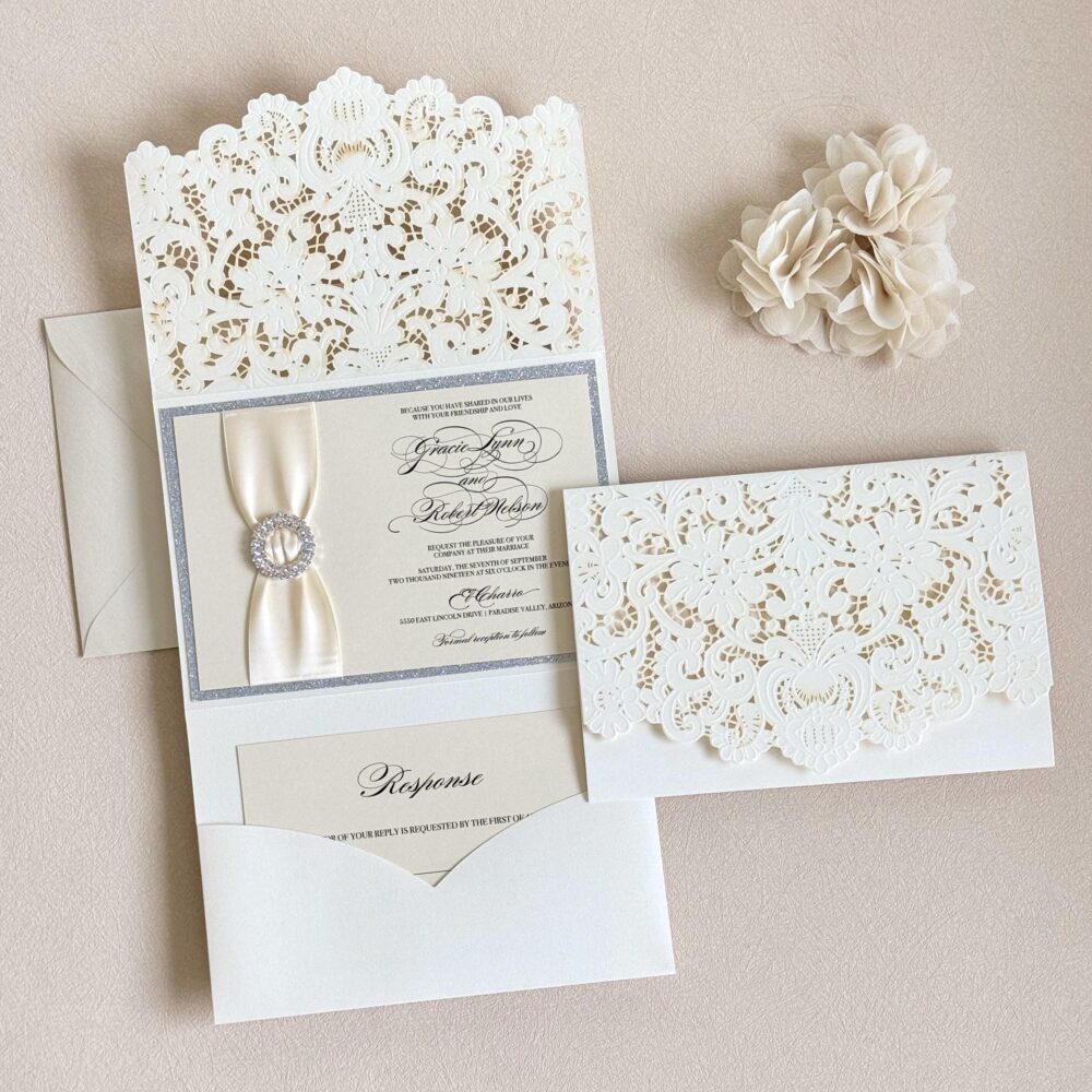 Elegant Lace Wedding Invitation Luxury Invite Ivory & Silver Vintage Glam Handmade