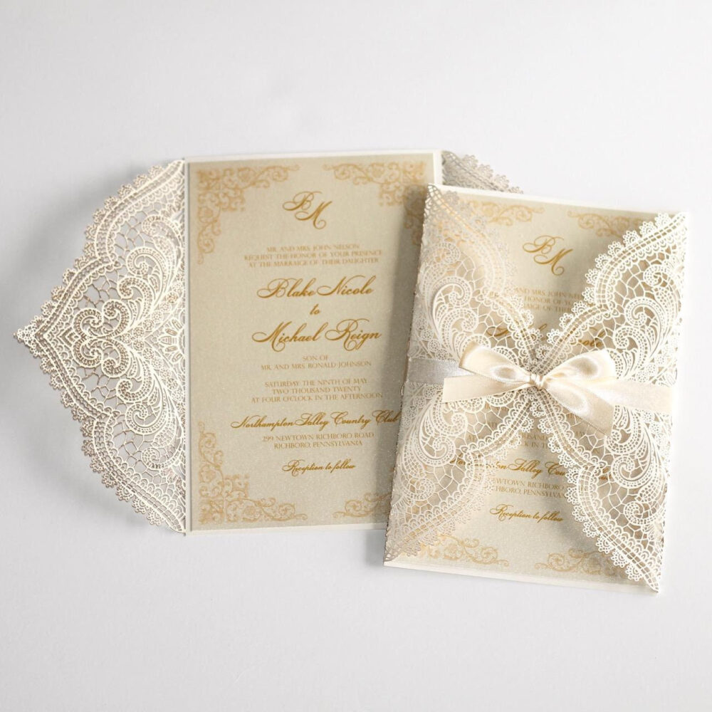 Gold & Ivory Wedding Invitation Set Victorian Lace Handmade Bow Invite With Monogram Vintage Glam Theme