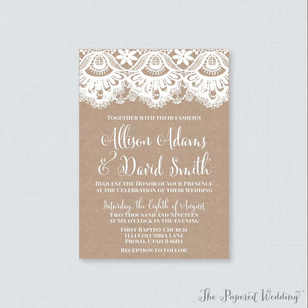 Printable Or Printed Wedding Invitations - Burlap & Lace Invitations, Rustic Invites With 0002