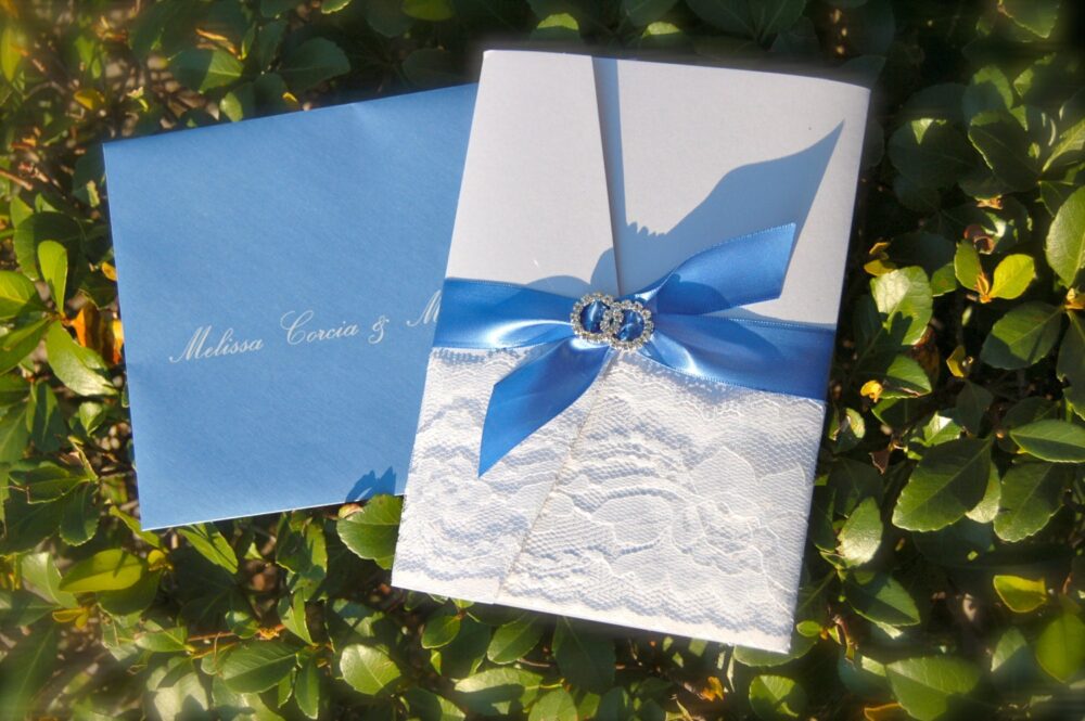Cornflower Blue & White Wedding Invitation, Letterpress Invitations, Lace Pocket Fold Invitation With Rhinestone Ribbon