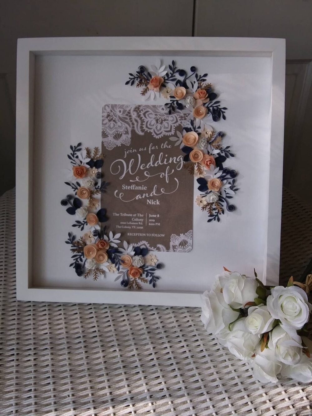 Navy & Peach Lace Theme Wedding Invitation Keepsake