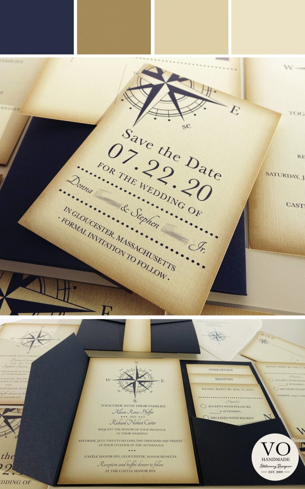 Vintage Compass Wedding Save The Date Card, Navy Blue Postcard, Nautical Pocketfold Invitations, Beach Invites, Boat Yacht