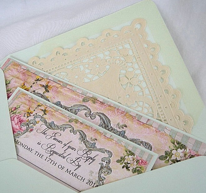 Mint Green Invitation Wedding Vintage Shabby Chic Blush Lace