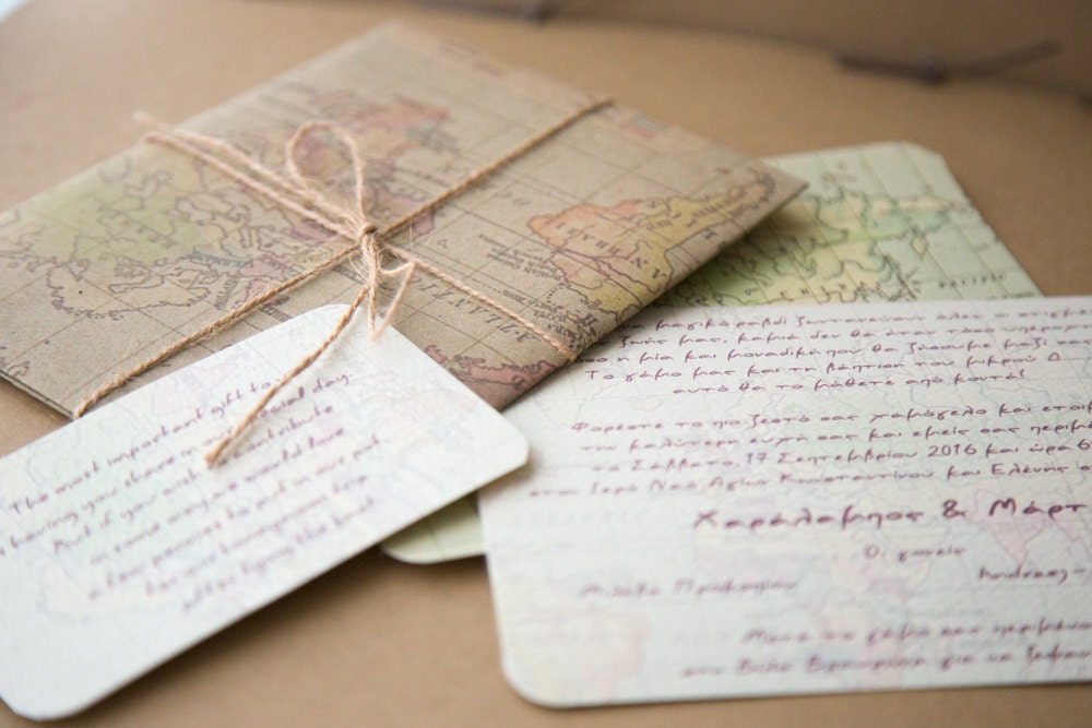 Destination Wedding Invitation, World Map Vintage Invitation Wedding, Travel Set Of 20Pcs