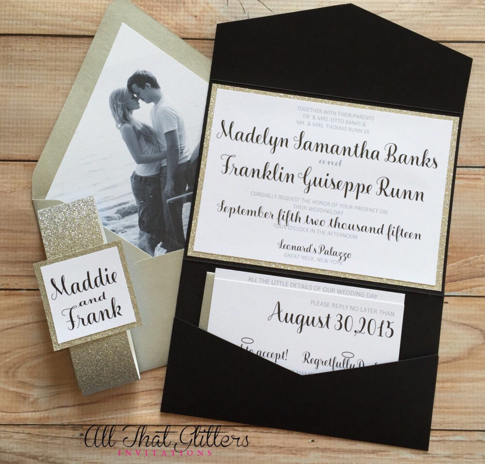 Photo Wedding Invitations With Glitter, Black & Silver Glitter Wedding Photo Envelope Liner, Madelyn Suite