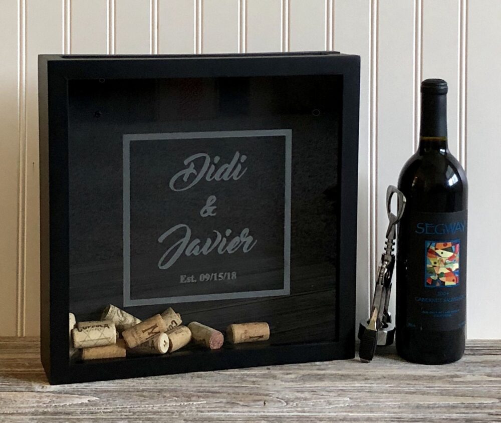 Personalized Wine Cork Shadow Box, Wedding, Engagement, Baby, Top Loading Keepsake Shadowbox, Mr. & Mrs. Glass Display Case