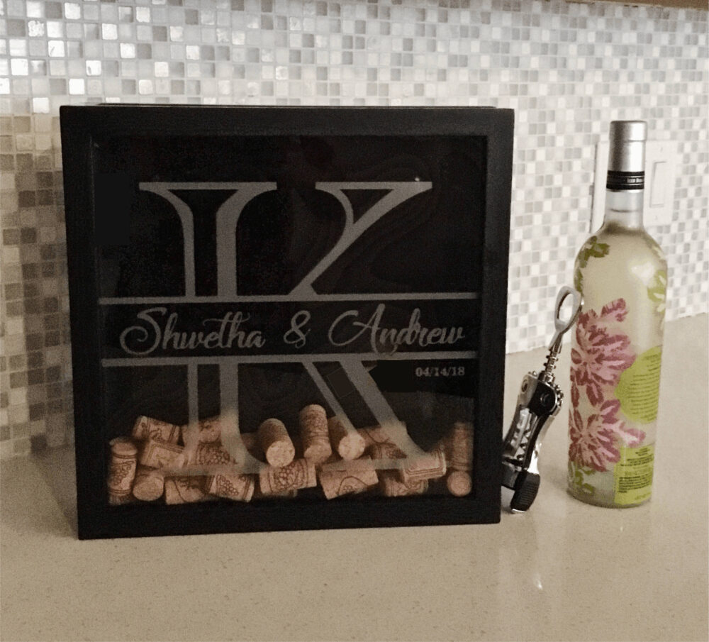 Personalized Wine Cork Shadow Box Letter Names Date Wedding Engagement Baby Top Loading Keepsake Laser Engraved Glass Display Case
