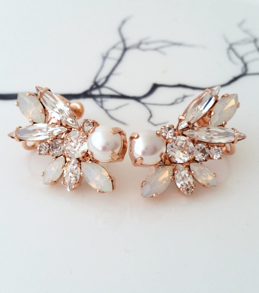 Bridal Earrings Pearl, Climbing Earrings, Ear Climber Earrings, Pearl Bridal Crawlers Earrings, White Opal Earring, Crystal Earrin